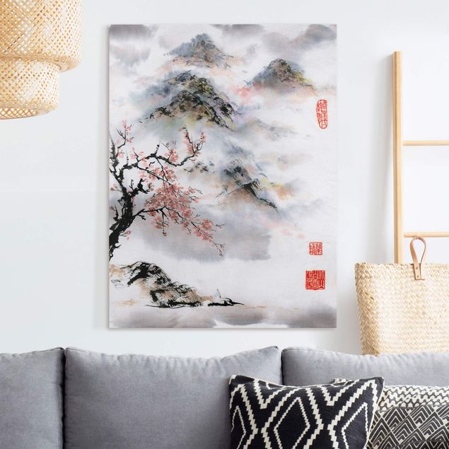 Quadri su tela con montagne Disegno acquerello giapponese Ciliegio e montagne