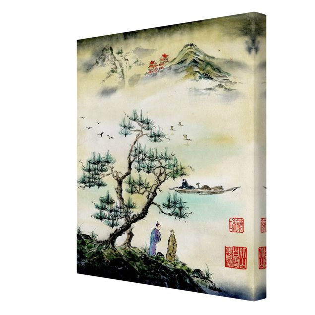Quadri stile vintage Disegno acquerello giapponese pino e villaggio di montagna