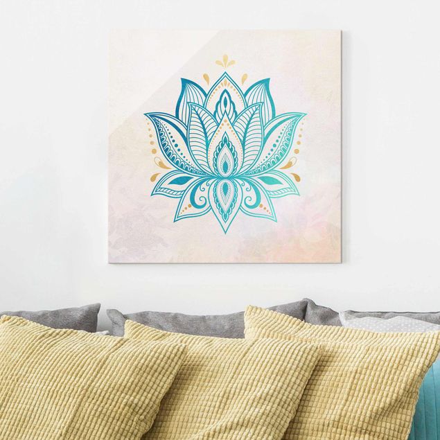 Quadri in vetro spirituali Illustrazione di loto Mandala Oro Blu