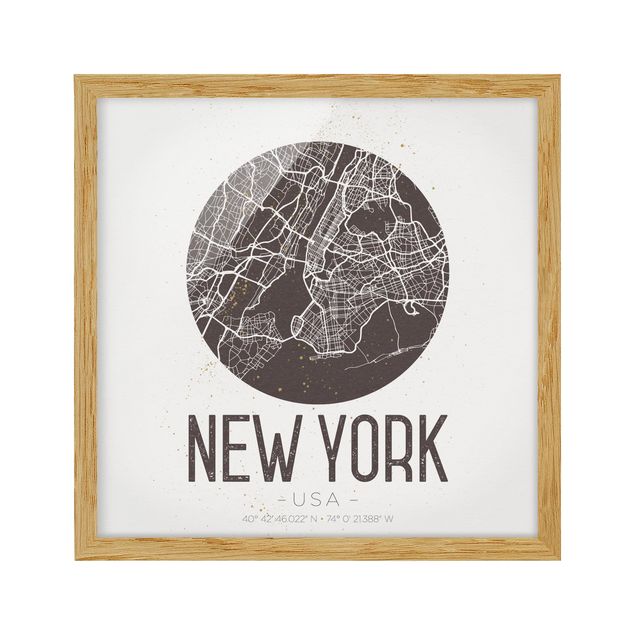 Quadri con cornice con mappamondo Mappa di New York - Retrò