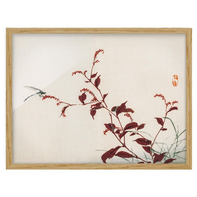 Quadro rosso Disegno vintage asiatico ramo rosso con libellula