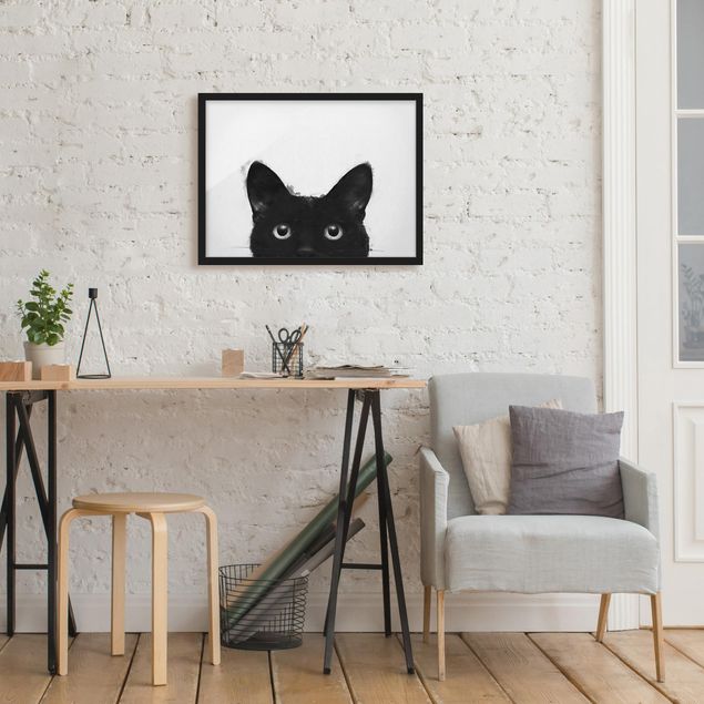 Quadri con cornice con animali Illustrazione - Gatto nero su pittura bianca
