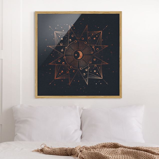 Quadri con cornice con mappamondo Astrologia Magia della Luna Oro Blu