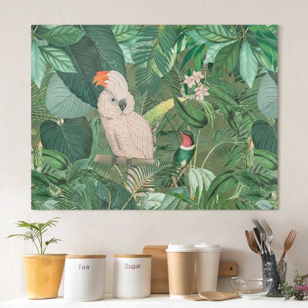 Quadri su tela con uccelli Collage vintage - Cacatua e colibrì