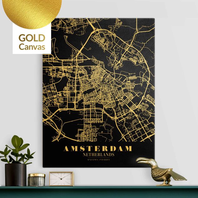 Quadri mappamondo Mappa della città di Amsterdam - Nero classico