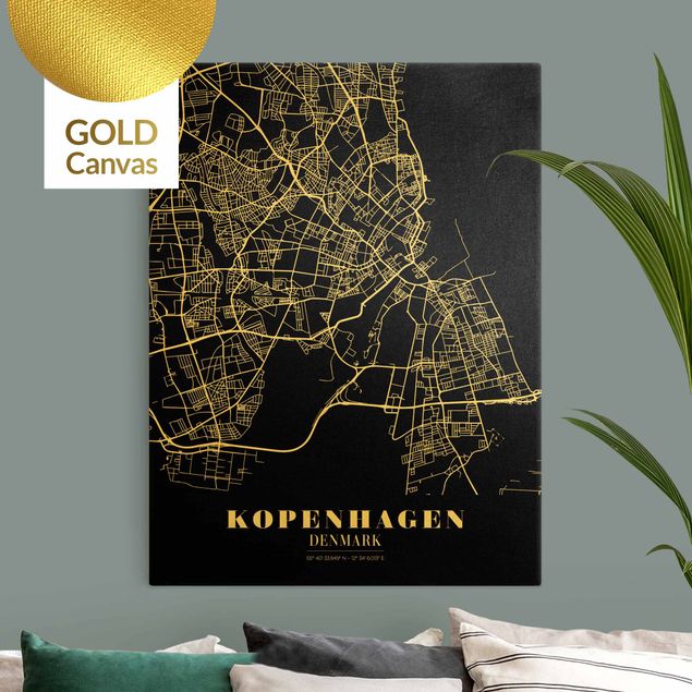 Quadro mappamondo Mappa della città di Copenaghen - Nero classico