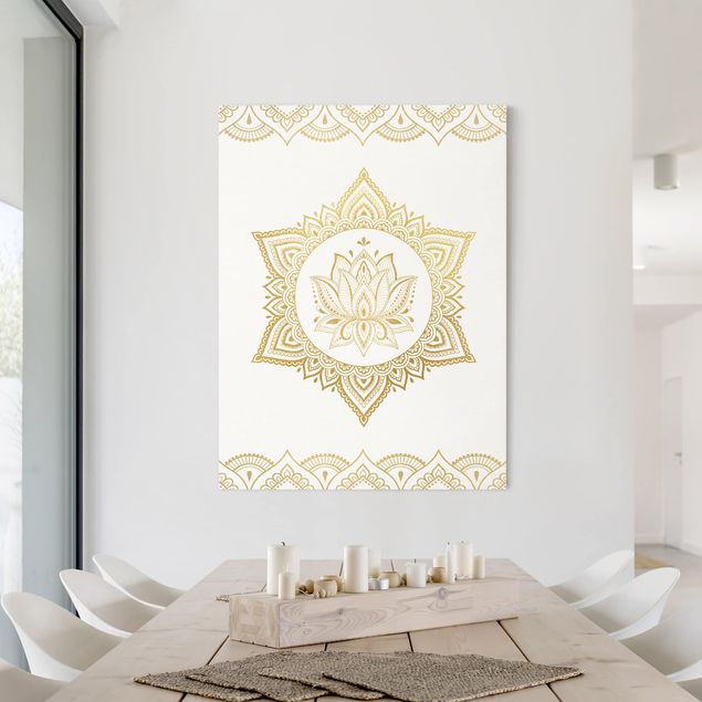 Quadri su tela spirituali Mandala Loto - Illustrazione Ornamentale Oro Bianco