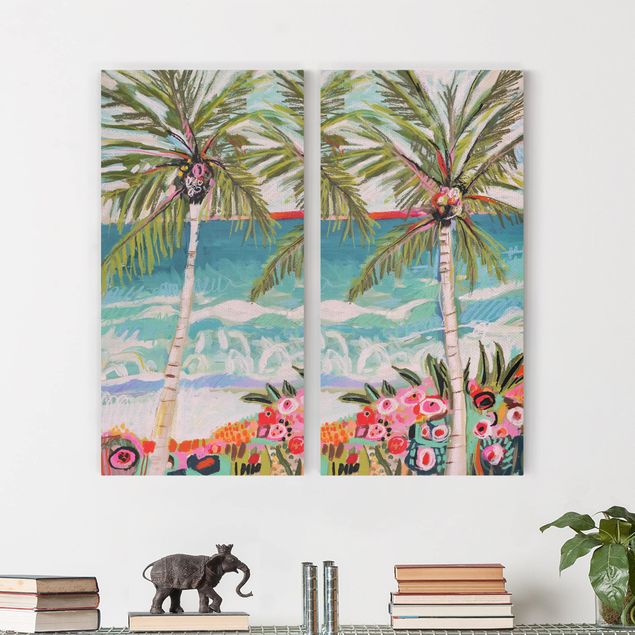 Quadri con paesaggio Palma con fiori rosa Set I