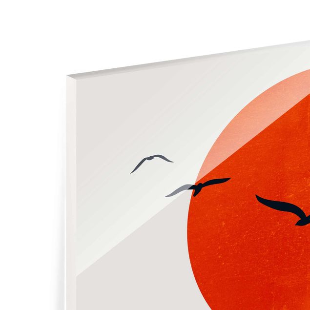 Quadri Kubistika Stormo di uccelli di fronte al sole rosso I