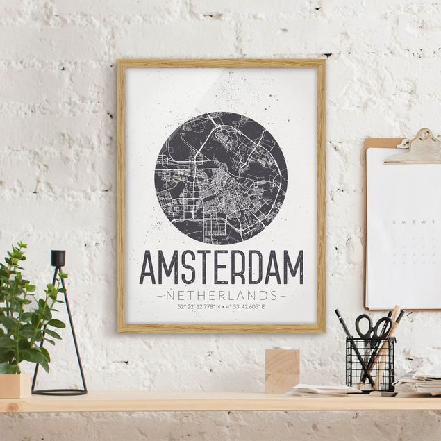 Quadri con cornice con mappamondo Mappa della città di Amsterdam - Retrò