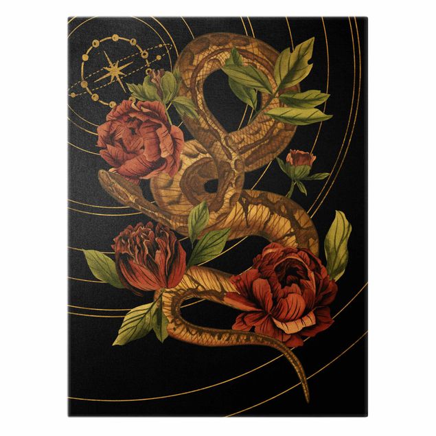 Quadri su tela Serpente con rose oro e nero IV
