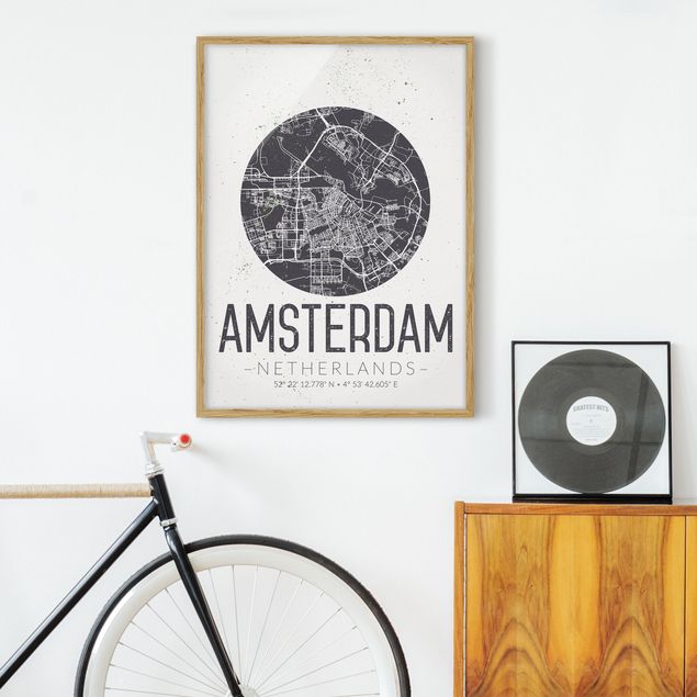 Quadri con cornice in bianco e nero Mappa della città di Amsterdam - Retrò