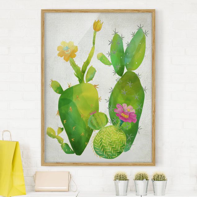 Quadri con cornice con fiori Famiglia di cactus in rosa e giallo