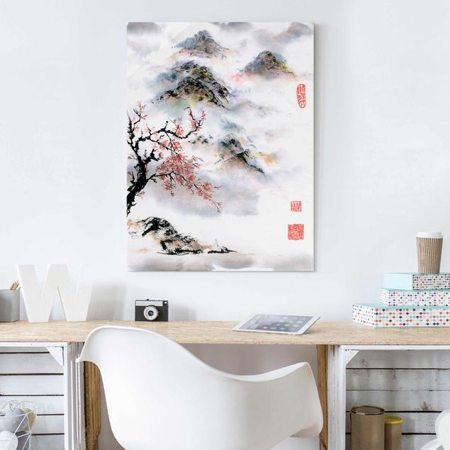 Quadri con paesaggio Disegno acquerello giapponese Ciliegio e montagne