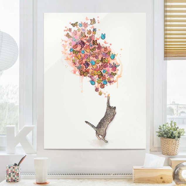 Stampe Illustrazione - Gatto con farfalle colorate pittura