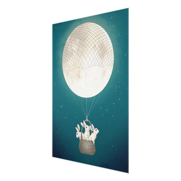 Quadri Laura Graves Art Illustrazione - Conigli e luna come mongolfiera cielo stellato