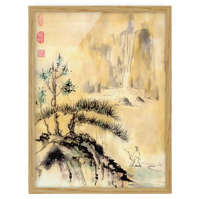 Quadri con cornice con paesaggio Disegno acquerello giapponese Cedri e montagne