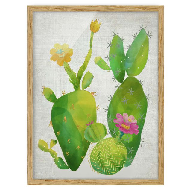 Quadri verdi Famiglia di cactus in rosa e giallo