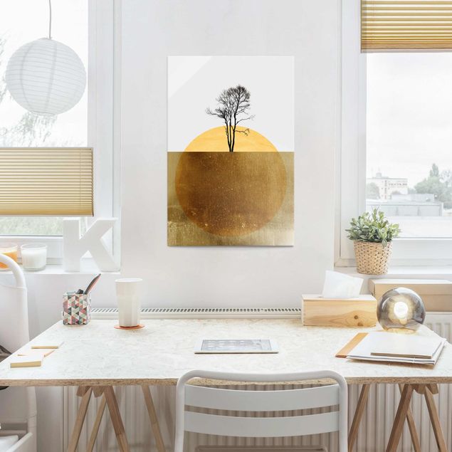 Quadri in vetro con paesaggio Sole d'oro con albero