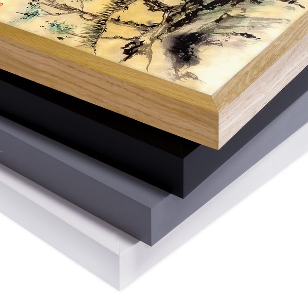 Quadri con cornice vintage Disegno acquerello giapponese Cedri e montagne