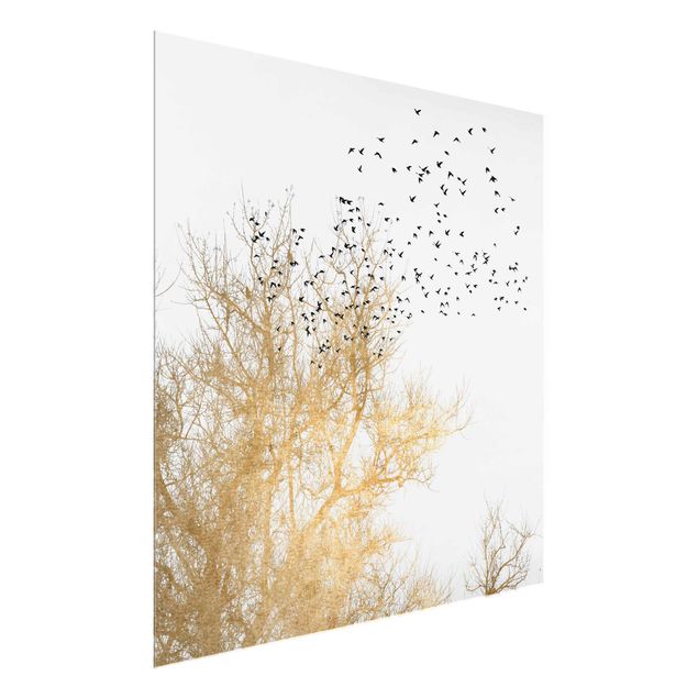 Quadri in vetro con animali Stormo di uccelli davanti all'albero d'oro