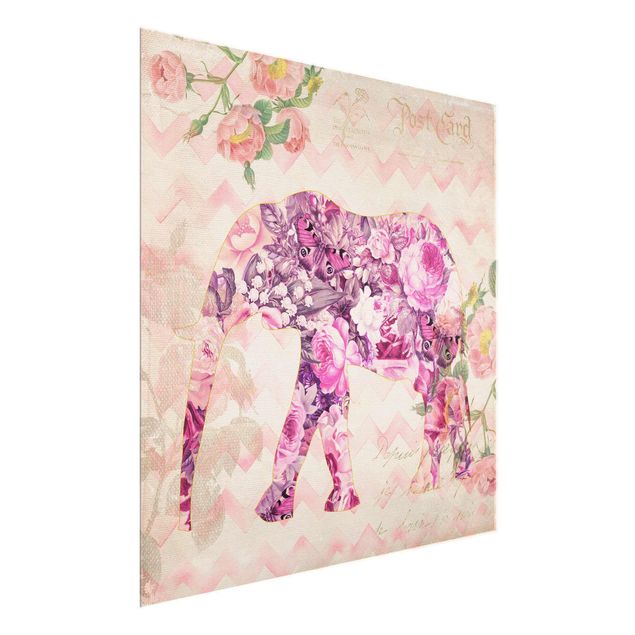 Quadri in vetro con fiori Collage vintage - Fiori rosa elefante