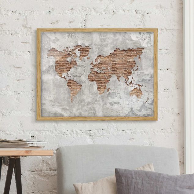 Quadri tridimensionali Mappa del mondo in mattoni e cemento shabby