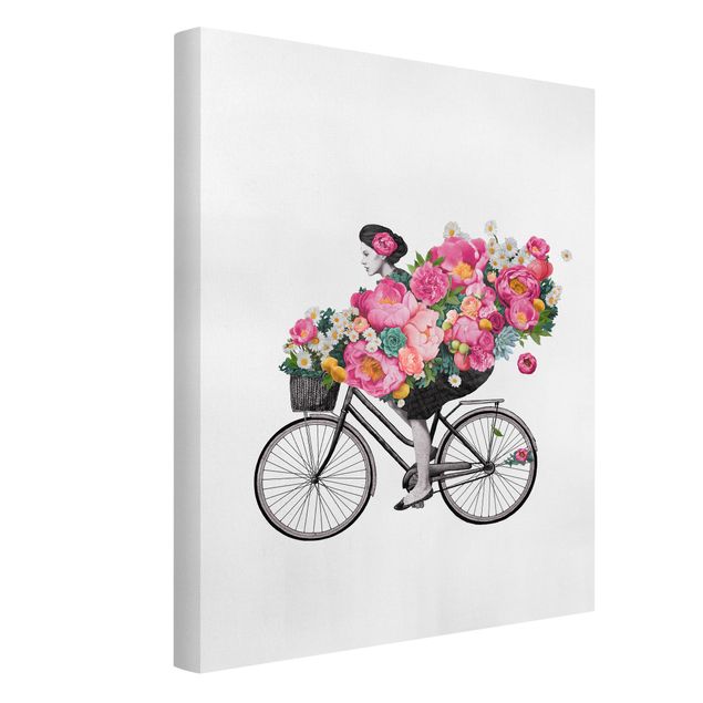 Riproduzioni quadri famosi Illustrazione - Donna in bicicletta - Collage di fiori colorati