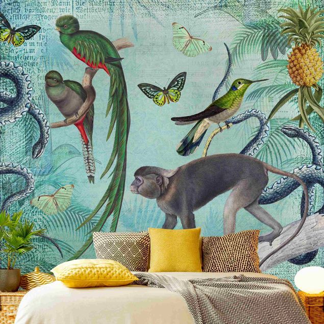 Carta da parati con farfalle Collage in stile coloniale - Scimmie e uccelli del paradiso