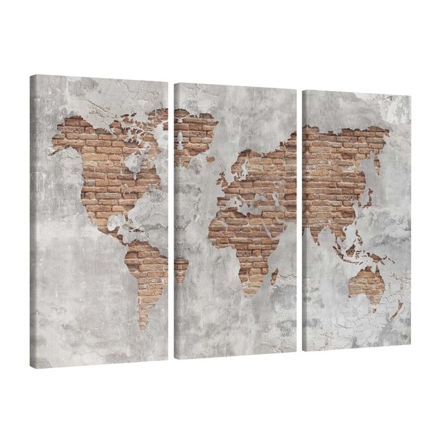 Quadri 3d Mappa del mondo in mattoni e cemento shabby