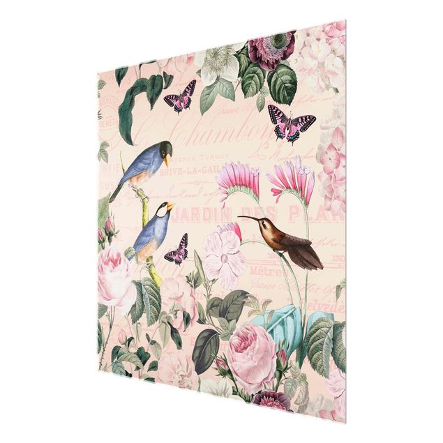 Quadro rosa Collage vintage - Rose e uccelli