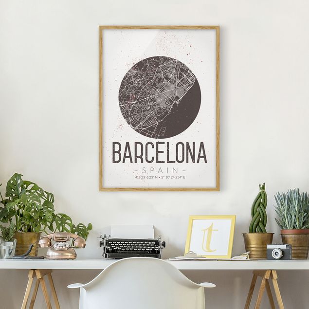 Quadri con cornice con mappamondo Mappa della città di Barcellona - Retrò