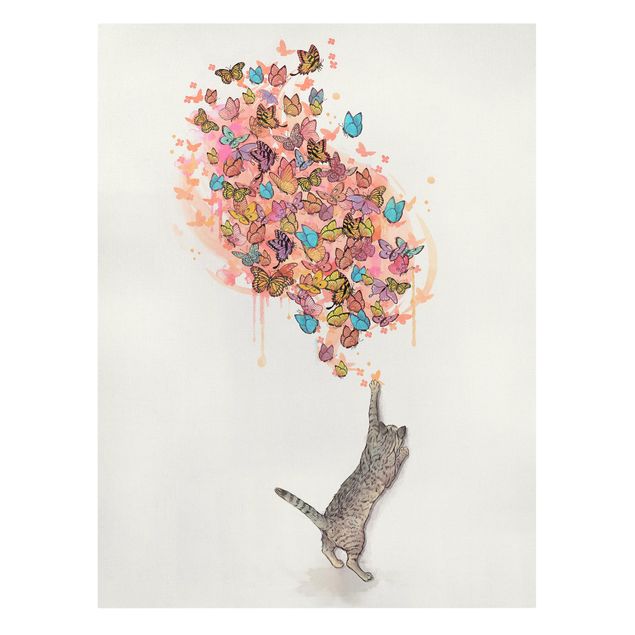 Quadri su tela con farfalle Illustrazione - Gatto con farfalle colorate pittura