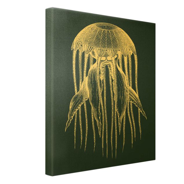 Quadro su tela oro - Illustrazione di medusa su blu