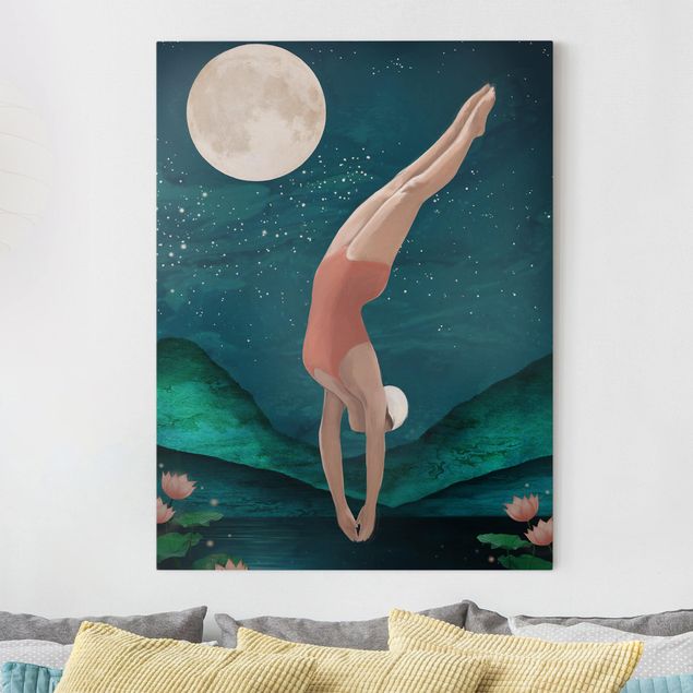 Quadri su tela Illustrazione - bagnante donna luna pittura