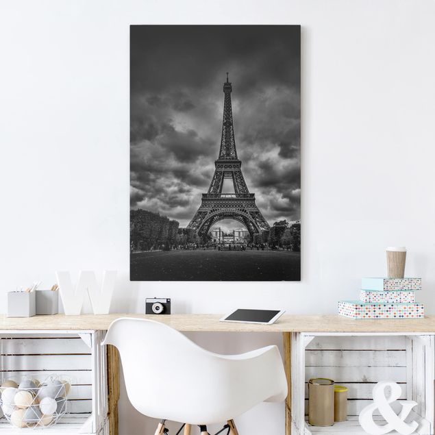 Stampe su tela parigi Torre Eiffel davanti alle nuvole in bianco e nero