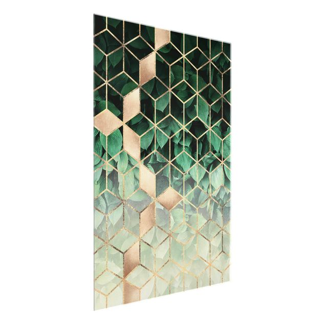 Quadri in vetro astratti Foglie verdi Geometria dorata