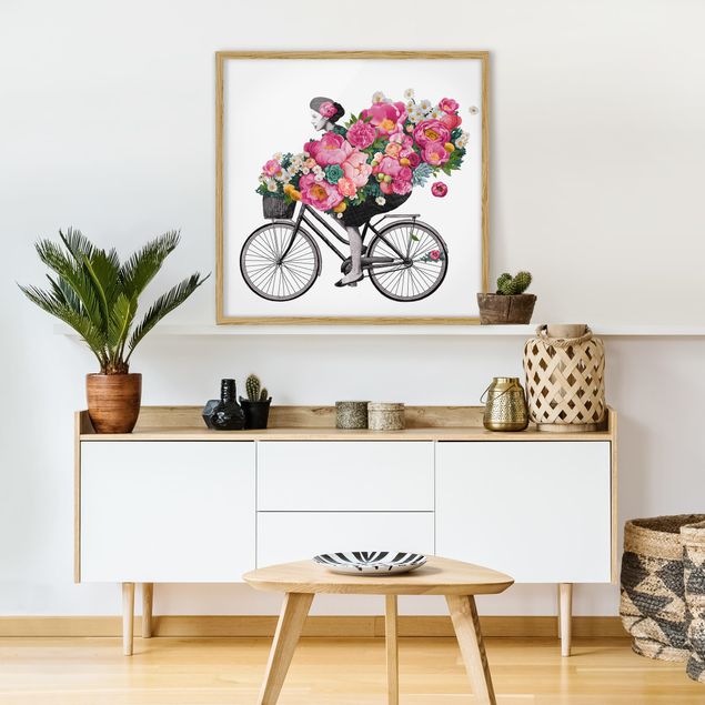 Quadri di fiori Illustrazione - Donna in bicicletta - Collage di fiori colorati
