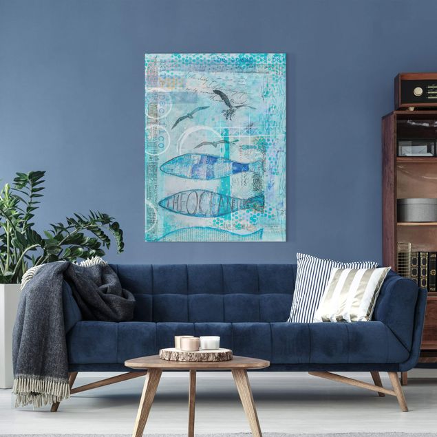 Quadri su tela con uccelli Collage colorato - Pesce blu