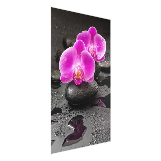 Quadri moderni per arredamento Fiore di orchidea rosa su pietra con gocce