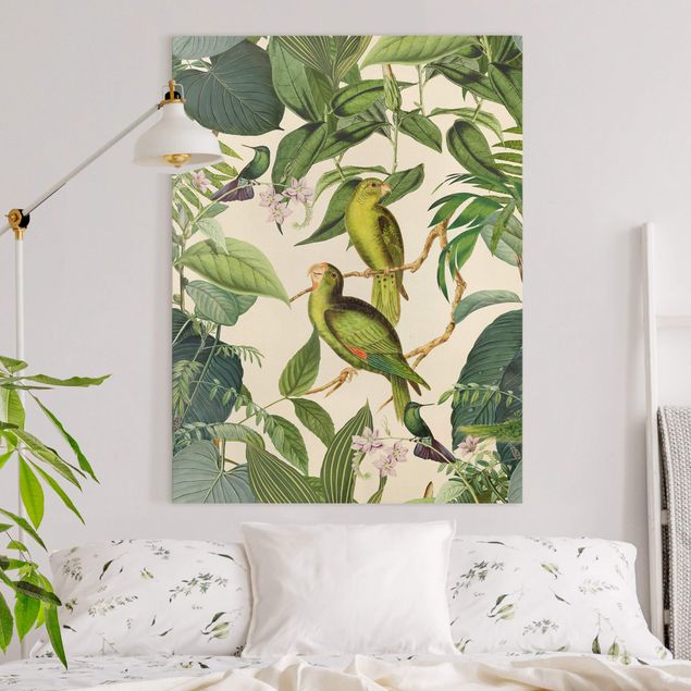 Quadri su tela con uccelli Collage vintage - Pappagalli nella giungla