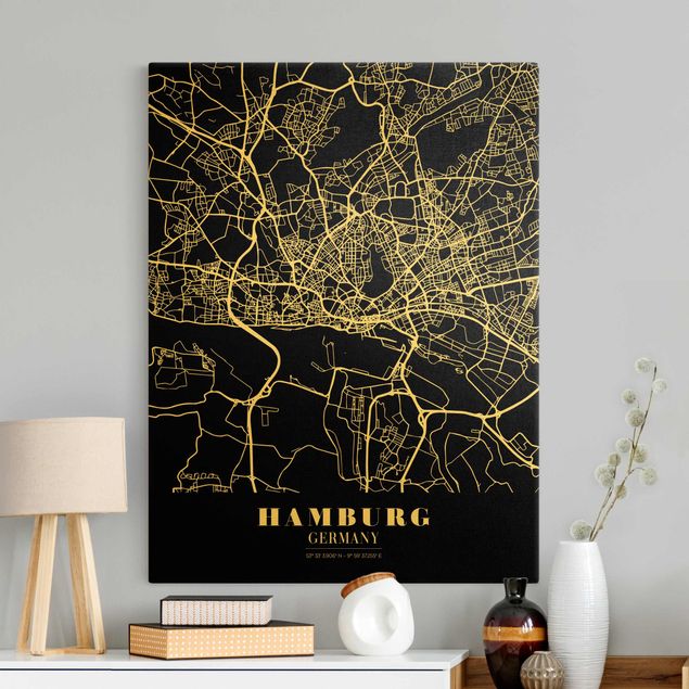 Quadro mappamondo Mappa di Amburgo - Nero classico