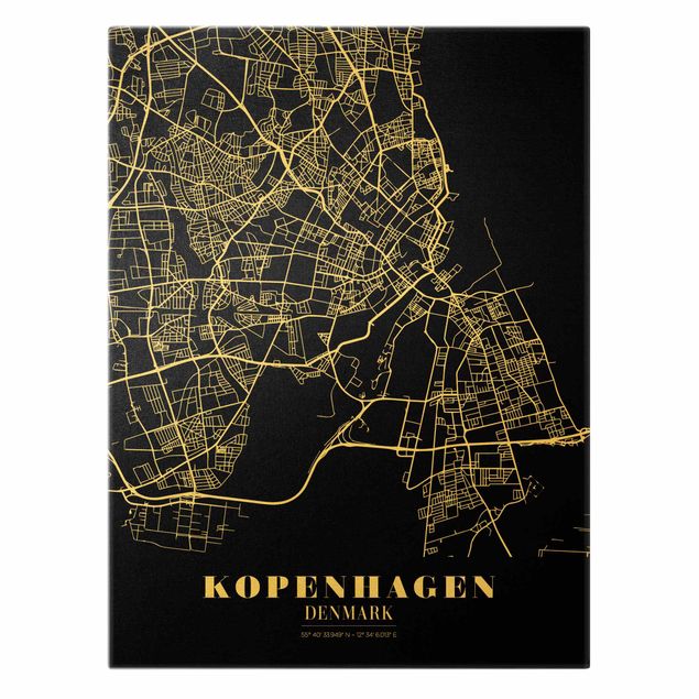Quadro su tela oro - Pianta della città Copenaghen - Classico in nero