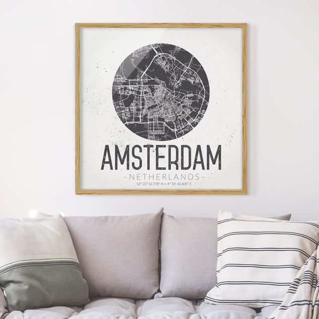 Quadri con cornice in bianco e nero Mappa della città di Amsterdam - Retrò