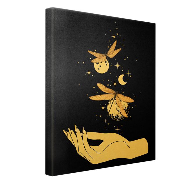 Quadro su tela oro - Mano magica - Libellule e pianeti