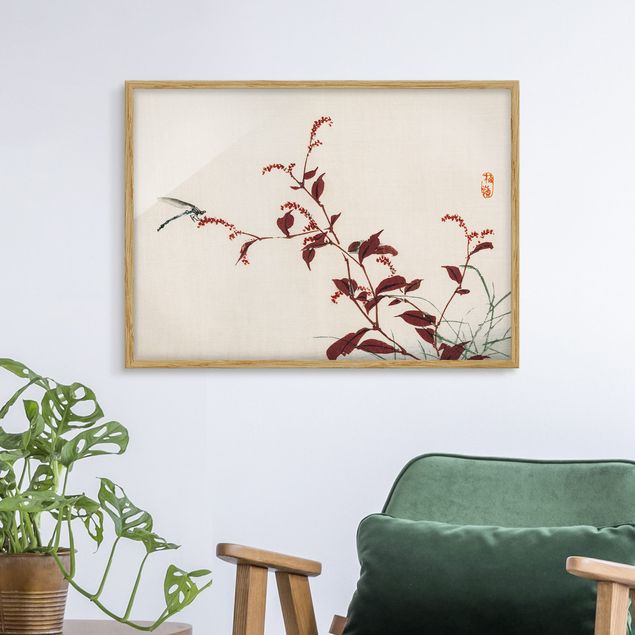 Quadri con cornice con fiori Disegno vintage asiatico ramo rosso con libellula