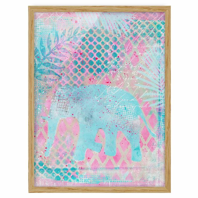 Quadri con fiori Collage colorato - Elefante in blu e rosa