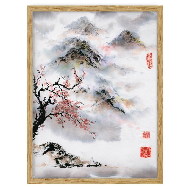 Quadri con cornice con fiori Disegno acquerello giapponese Ciliegio e montagne