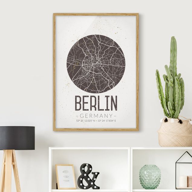 Quadri con cornice in bianco e nero Mappa della città di Berlino - Retrò