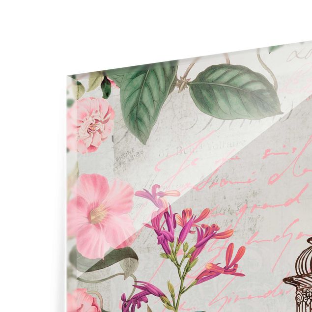 Stampe Collage Shabby Chic - Fiori rosa e uccelli blu